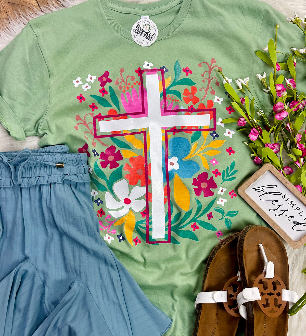 Sage Floral Cross